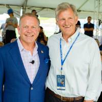 Brian Kelly and Randy Damstra posing together at the Jamie Hosford Football Center dedication.